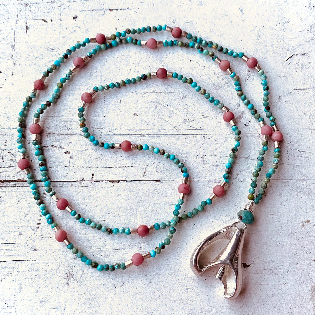 Turquoise + Rhodonite + Silver Seashell Necklace