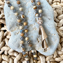 Load image into Gallery viewer, Labradorite + Jasper + Bronze Seashell Mala